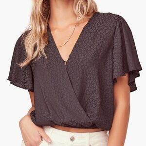 ASTR the Label flutter Sleeve Jacquard Surplice black leopard crop Top